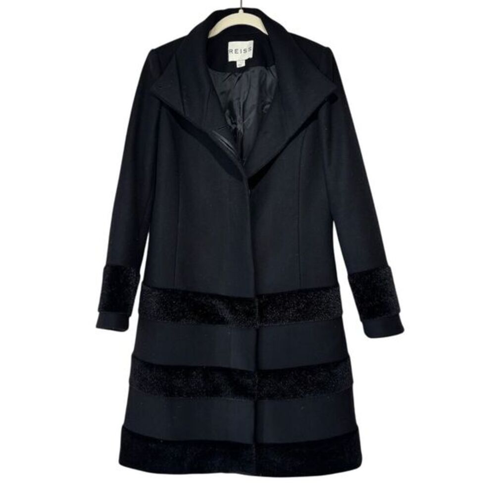 Reiss Women's Black Wool Blend Overcoat Faux Fur Trim Size S